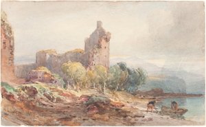 Een vervallen kasteel aan een meer door William Leighton Leitch