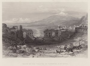 Ruïnes van het Theater in Taormina, en de Etna (gravure)