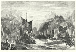 Inscheping van de Grieken voor de Trojaanse oorlog (gravure) door William Linton