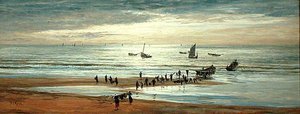 Strandscène aan de noordkust van Frankrijk