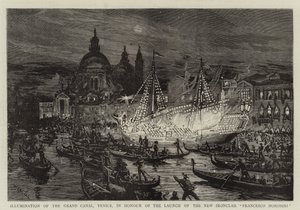 Verlichting van het Grote Kanaal, Venetië, ter ere van de lancering van het nieuwe pantserschip, Francesco Morosini