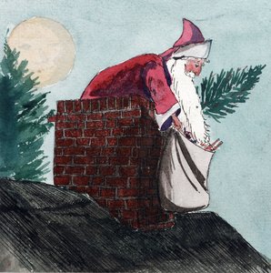 Kerstman komt door een schoorsteen met een zak vol speelgoed en een kerstboom