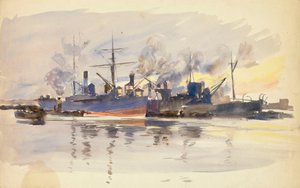 Schets van koopvaardijschepen in de haven