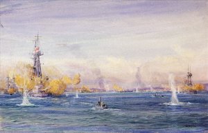 De Slag om de Dardanellen (1915), tijdens de Gallipoli-campagne, in de Zee van Marmara. Aquarel, circa 1915 door William Lionel Wyllie (1851-1931).