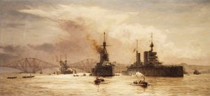 Het Eerste Slagsquadron vertrekt uit de Forth voor de Slag bij Jutland, 1917