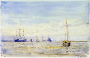 De Hamble River (Engeland) en varen. Aquarel, eind 19e eeuw, door William Lionel Wyllie (1851-1931)