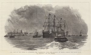 Het Bezoek van de Koningin aan Liverpool, de Claughton, met Hare Majesteit aan Boord, langs de White Star SS Republic op de Mersey