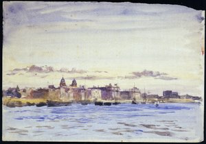 Uitzicht op het Royal Naval College in Greenwich (Engeland) aan de Theems bij zonsondergang, genomen vanaf Blackwall (tegenoverliggende oever)
