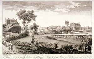 Westelijk uitzicht van Chelsea Bridge, Londen, c1760 door William Lodge