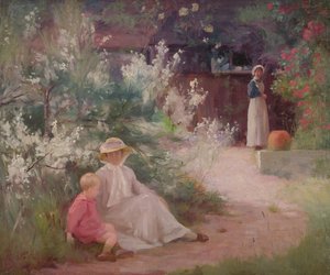 Dame met haar jonge zoon en dienstmeid in de tuin door William Mainwaring Palin