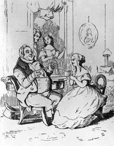 Mr Joseph Sedley verstrikt door Becky Sharp, illustratie voor het 1e hoofdstuk van Vanity Fair, roman door William Makepeace Thackeray (1811-1863), gravure naar tekening door William Makepeace Thackeray (1811-1863), gepubliceerd in Chicago in 1882 door William Makepeace Thackeray