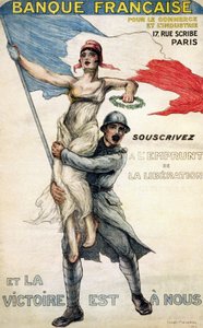 Franse Bank voor Handel en Industrie. Poster voor de nationale lening: "Abonneer op de Bevrijdingslening en de Overwinning is Binnen" - ill. door William Malherbe