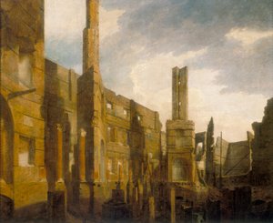 De ruïnes van het Pantheon in Oxford Street na de rampzalige brand van 14 januari 1792 door William Marlow