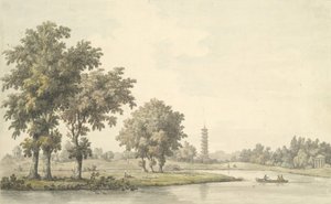 Uitzicht op het Meer en het Eiland vanaf het Grasveld in Kew, 1763 door William Marlow