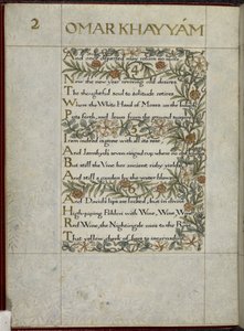 (Hele folio) De Rubaiyat van Omar Khayyam, verzen 4 - 6. Kalligrafisch geschreven en versierd door William Morris, met randen van bladeren en bloemen