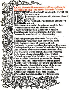 Kelmscott Pers: Pagina uit Het Verhaal van Beowulf Gedrukt in het Troy Type