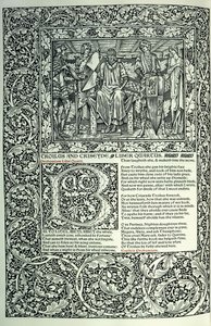 Scène uit "Troilus en Criseyde", gehistorieerde initiaal "B", manuscript met volledige paginaborder, 1896 door William Morris