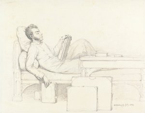 Zelfportret van de kunstenaar liggend op een gotische bank, een boek lezend door William Mulready