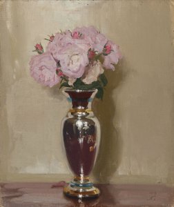 Roze Rozen in een Zilveren Glansvaas door William Nicholson