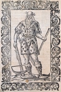 Man met bontkleding, kruisboog en schoenen met gedraaide punt (voorbeeld van rudimentaire ski