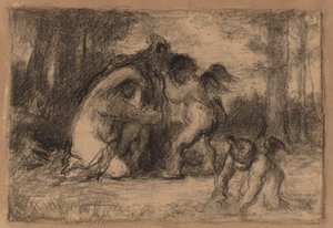 Boslandschap met putti die een vrouw helpen zich uit te kleden door William Perkins Babcock
