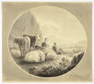 Herders, koeien en schapen in een landschap door William Pether