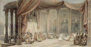 Europeanen vermaakt door dansers en muzikanten in een prachtig Indiaas huis in Calcutta tijdens Durga puja door William Princep