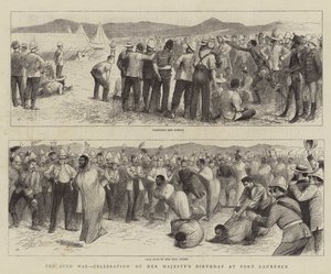 De Zoeloe-oorlog, viering van de verjaardag van Hare Majesteit in Fort Laurence door William Ralston
