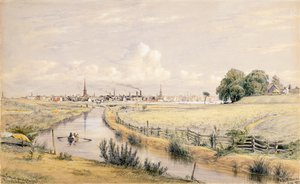 Jersey City met een Glimp van New York Vanaf het Bergen Kanaal, 1854