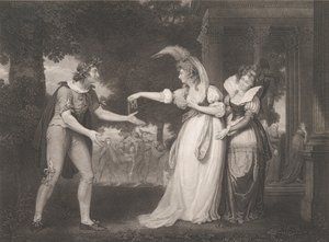 Voor het Paleis van de Hertog-Rosalind, Celia, Orlando, de Hertog, eerst gepubliceerd 1800, heruitgegeven 1852