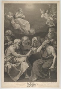 De dokters van de kerk raadplegen boeken en documenten en overwegen de Maagd, 1785 door William Sharp