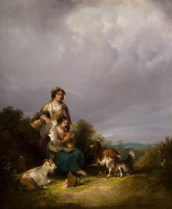 Twee jonge vrouwen en geiten in een landschap