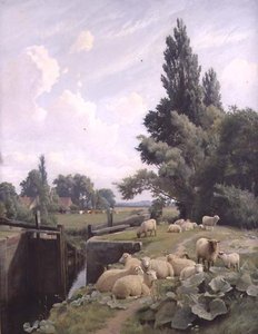 Landschap met een Kanaalsluis en een Kudde Schapen