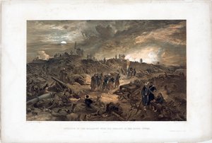 Oorlog van de Krim (1853-1856): episode van het beleg van Sebastopol (Oekraïne), de Franse troepen tussen de ruïnes na de inname van de Malakoff-toren, 8 september 1855
