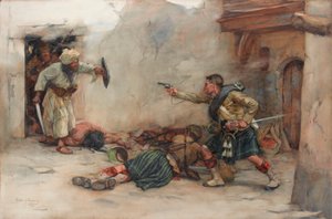 Tamboer James Roddick van de 92e Gordon Highlanders, verdedigt luitenant Menzies tijdens handgemeen in Kandahar door William Skeoch Cumming