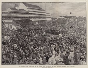 Een historische derby, de scène op de baan toen de Prins van Wales Persimmon ontving na de race