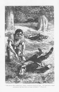 Adam Bede, die de overhand heeft gekregen op Arthur Donnithorne in een gevecht, is geschokt om zijn rivaal bewusteloos te zien liggen. Adam Bede door George Eliot, voor het eerst gepubliceerd in 1859. Illustratie door William Small (1843-1929) uit een edit door William Small