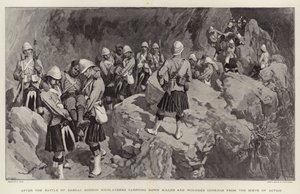 Na de slag bij Dargai, Gordon Highlanders dragen gedode en gewonde Gurkha