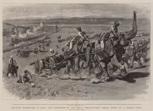 Militaire manoeuvres in India, de olifanten van de zware veldbatterij schrikken van een passerende trein