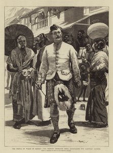 De prins van Wales in Ceylon, de Highland Piper van de prins die de Kandyan inboorlingen verbaast door William Small