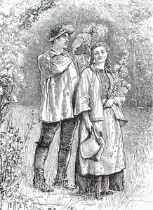 De kroning van de Meikoningin met een krans van meidoorn door haar geliefde. Door William Small, een Engelse illustrator
