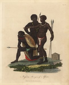 Zuid-Afrikaanse inboorlingen met speren, dierenhuidjas, ketting door William Smellie