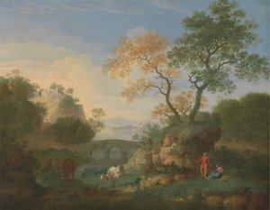 Een Landschap met Verre Klassieke Ruïnes, een Brug, Figuren en Vee