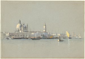Uitzicht over het Giudecca Kanaal naar de Salute en de Campanile van San Marco