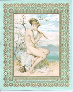 Victoriaanse nieuwjaarskaart van een badende schoonheid op een strand die een fluit speelt, ca. 1881 door William Stephen Coleman
