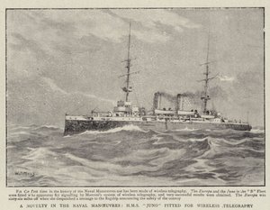 Een nieuwigheid in de marine manoeuvres, H.M.S. Juno uitgerust voor draadloze telegrafie door William T. Maud