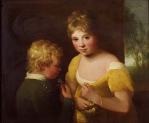 Twee kinderen met een mand bloemen door William Tate