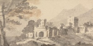 Italiaans landschap met vervallen kasteel door William Taverner