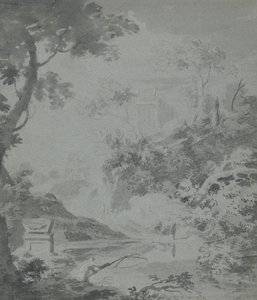Landschap met een klassiek gebouw in de verte en een man die vist door William Taverner