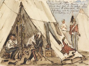 In het cavaleriekamp bij Devna (Jonge Kornet) ?Ik zeg Charley, denk je nu dat in het geval dat we naar Sebastopol worden gestuurd, de infanterie ons zal moeten vergezellen?, c.1854 door William Thomas Markham